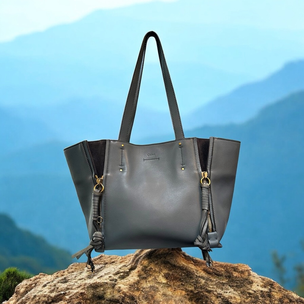 Chloé Leather Slate Blue Leather & Gray Suede Tote Bag